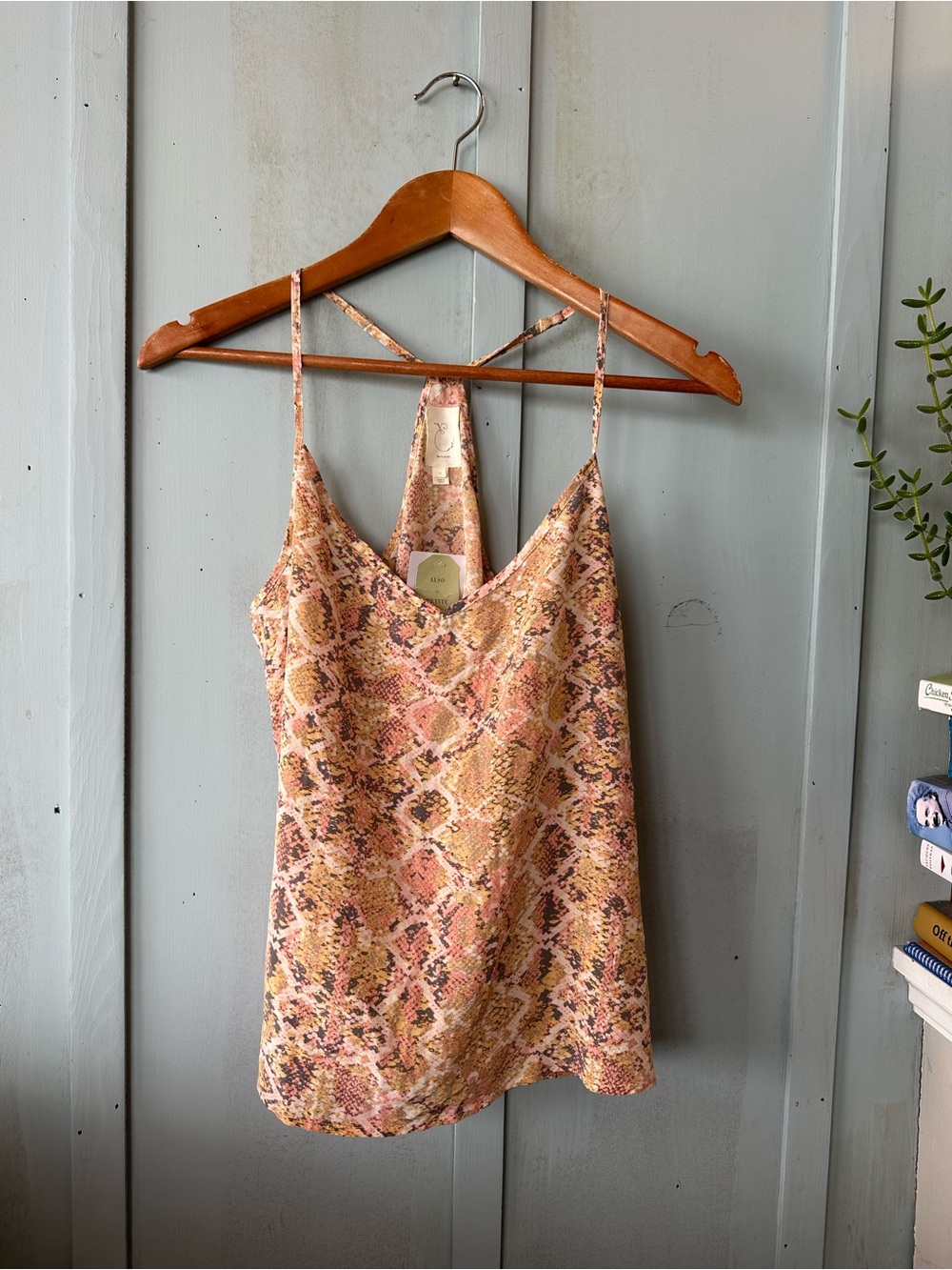 NWT E by Eloise Anthropologie 100% Silk Snake Print Cami Tank Top Orange - L - Picture 3 of 9